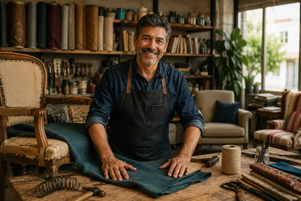 Craftsman at work in upholstery studio