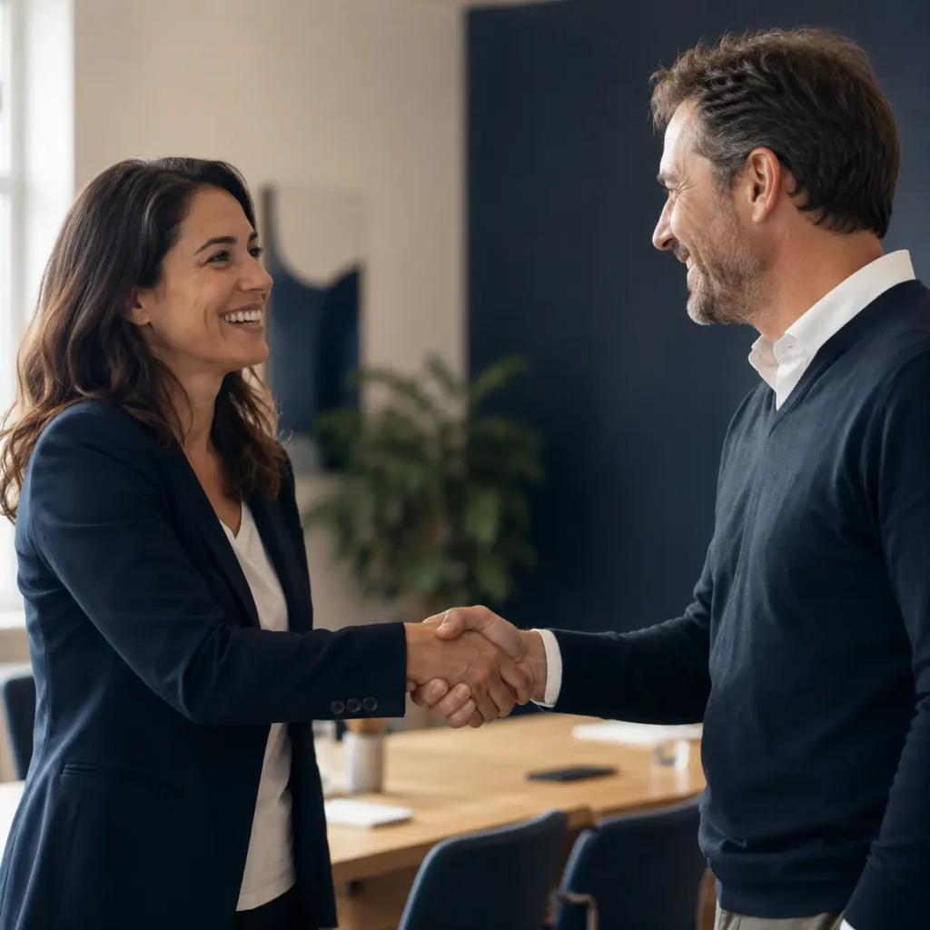 Professional handshake in a modern office