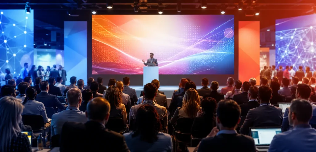 Tech conference in futuristic auditorium